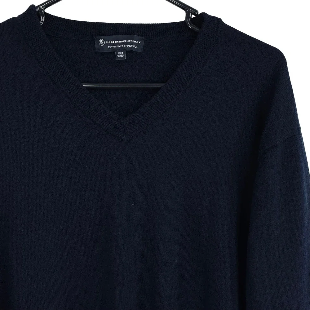 Hart Schaffner Marx Men's‎ 2XB Navy V-Neck Sweater 100% Merino Wool Big Tall